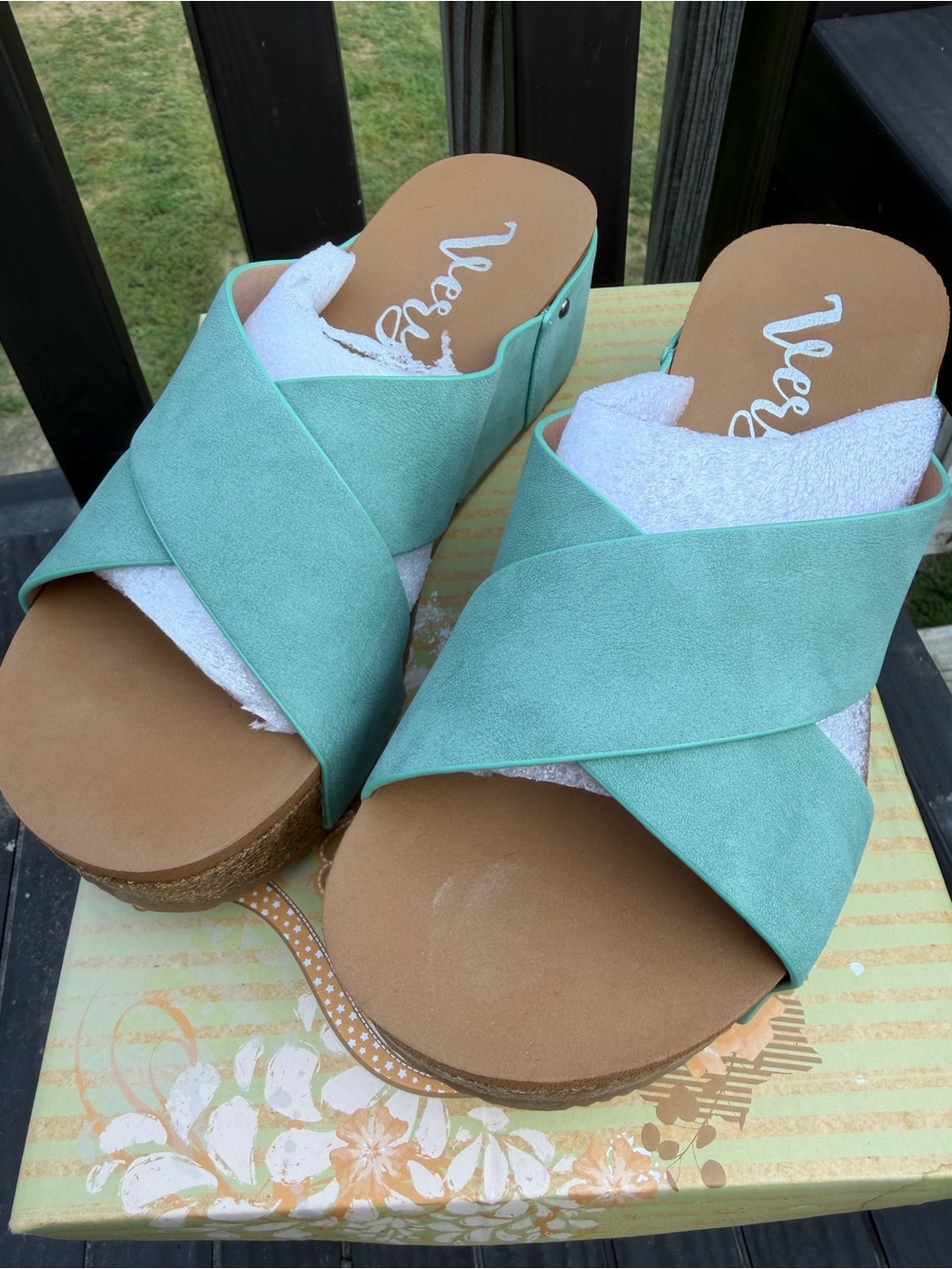 Very G Mint Green Crisscross Wedge Sandals